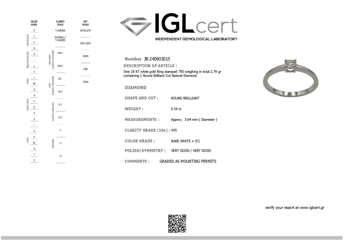 0.19ct, F, VVS2 Diamond Engagement Ring