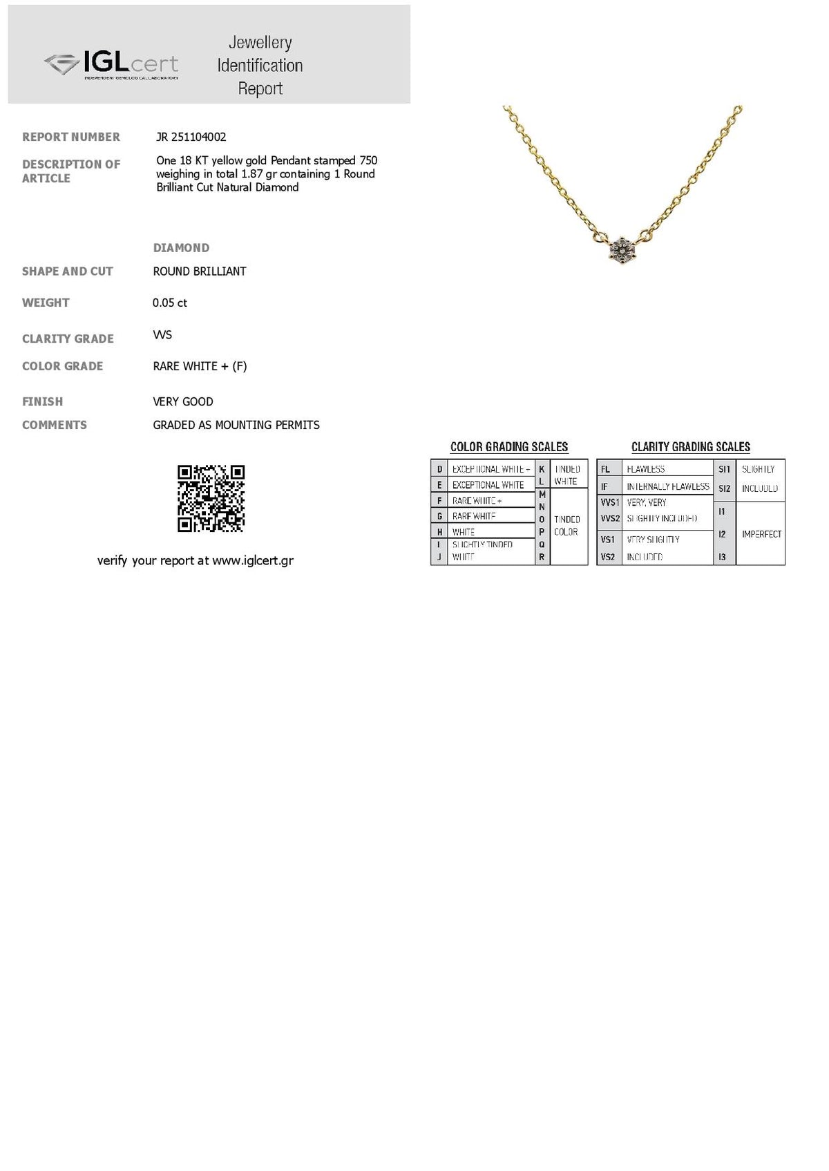 0.05CT, F, VVS, DIAMOND NECKLACE