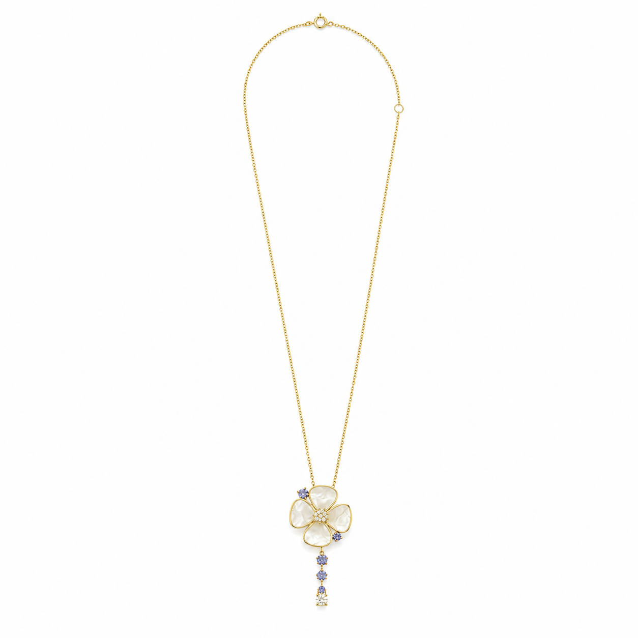 Luminous Mother of Pearl Petals Diamond and Sapphire Necklace